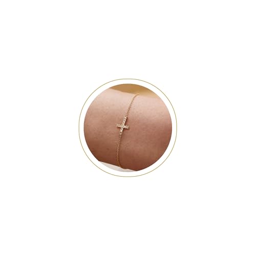 Tewiky Waterproof Gold Bracelets for Women Non Tarnish - Dainty Stack 14K Gold Plated/Sterling Silver Chain Bracelets Set Adjustable Trendy Jewelry for Women - style: gold CZ cross bracelet