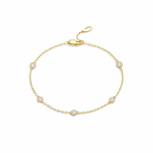 Cubic Zirconia Station Bracelet for Women, 14K Gold Plated or 925 Sterling Silver, Dainty Adjustable Chain, Stackable Minimalist Jewelry - color: Yellow Gold