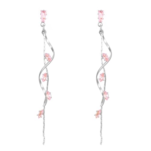 Temperament Long Zircon Tassel Earrings for Women Charm Jewelry Sparkling Crystal Leaves Twist Dangle Earrings for Friends - color: Silver-Pink Leaves