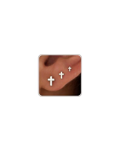 3 Pair Tiny Flat Back Earrings for Women - 14K Gold/White Gold Plated Dainty Cute Small Screw Flatback Stud Earring, Everyday Wear Gift - color: Cross-Flat 4/5/6mm Silver