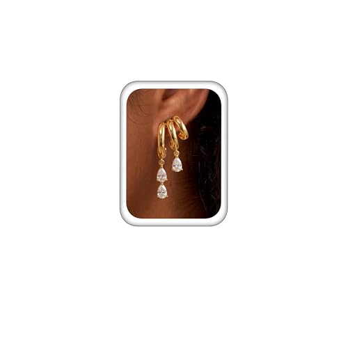 Triple Huggie Stacked Earrings for Women Gold Chain Drop Dangle Earrings Cute Statement CZ Earrings Trendy Dainty Jewelry Gift - color: Gold 4