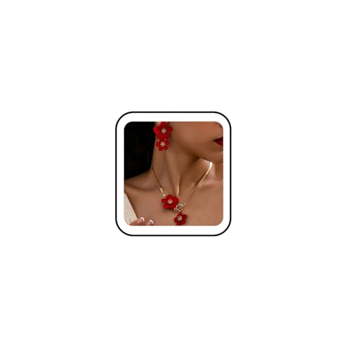 Vintage Flower Necklace Earring Set Gold Snake Chain Necklace Bohemian Large Double Flower Choker Necklaces Hypoallergenic Statement Flower Stud Earrings Elegant Bridal Wedding Summer Beach Jewelry - color: Red