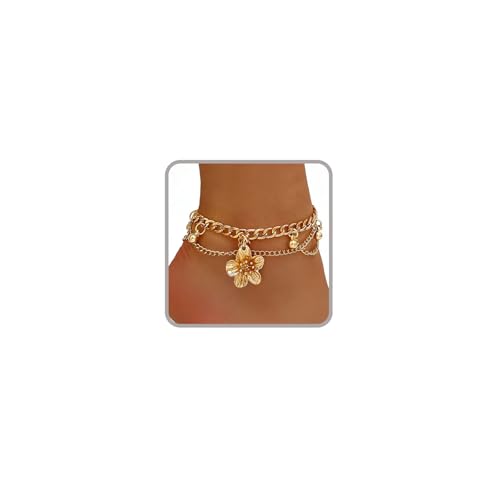Ankle Bracelets for Women Gold Anklets for Women Waterproof Summer Beach Jewelry Pink Blue White Silver Flower Anklets for Women Plus Size Anklet Bracelet for Big Ankles Foot Jewelry - color: 1 - gold