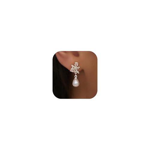 Pearl Earrings - 14K Gold/White Gold/Rose Gold Plated Cubic Zirconia CZ Diaomond Accented Pearl Drop Dangle Earrings for Women Wedding Bridal Prom - color: Silver Leaf drop