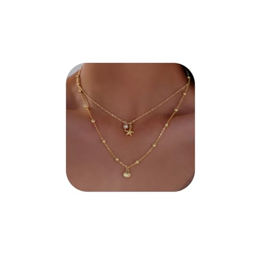 Seashell Starfish Necklace for Women Conch Shell Summer Pearl Beach 14k Gold Layered Dainty Choker - style: Big Starfish