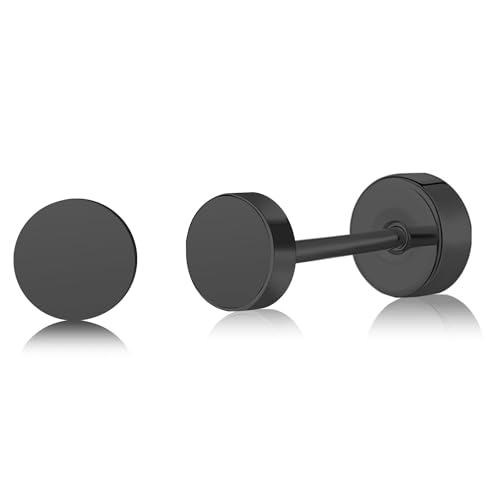 ZDE Women Earrings Flat Back Dot Earrings Titanium Hypoallergenic Cartilage Non-Nickel Earrings Studs for Sensitive Ears Simple Classic 3mm/4mm/5mm/6mm Screw On Stud Earring - color: Black, size: 6MM