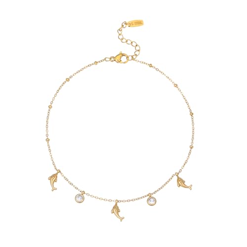 Gold Ankle Bracelets for Women 18K Gold Plated Waterproof Starfish Sea Shell Pearls CZ Diamond Dangle Anklets Trendy Summer Beach Foot Chain Jewelry Gift - style: Dolphin CZ Drop-Gold