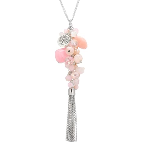 Noessla Boho Long Pendant Necklaces for Women Silver Tassel Long Necklace Sweater Chain Mothers Day Gifts Silver Costume Jewelry for Women - color: Pink Crystal