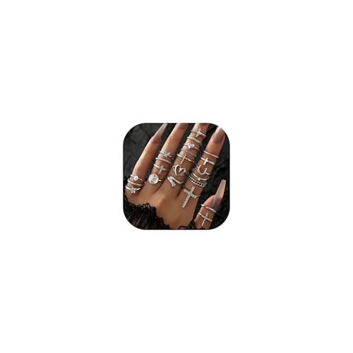 Gold Rings for Women Non Tarnish Stackable Rhinestone Moon Star Rings Dainty Stacking Pearl Butterfly Midi Pinky Thumb Joint Finger Knuckle Ring Set Gold Non Tarnish Jewelry Gifts Trendy Stuff - color: L Silver Stackable Rings 22Pcs
