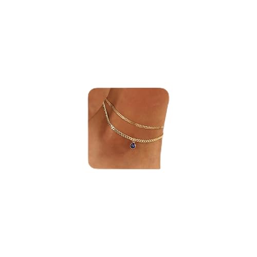 Ritach Ankle Bracelets for Women - Silver/Gold Plated Stainless Steel Anklets for Women Waterproof Layered Cuban Link Figaro Chain Heart Anklets Set Summer Beach Jewelry Gifts - color: Gold-Layered Evil Eye Anklet