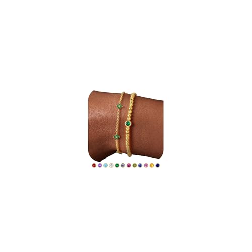 Yoosteel Dainty May Emerald Birthstone Bracelet for Women, 14K-Gold-Plated Stretch Beaded Clover Round Green CZ Link Bracelet Stack Trendy Jewelry Birthday Gifts