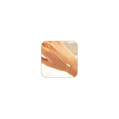 925 Sterling Silver Hand Chain Bracelet for Women,Non Tarnish 14k Gold Plated CZ Crystal Heart Starburst Ring Bracelets Hand Chain Dainty Diamond Layered Stackable Link Chain Beach Waterproof Graduation Wedding Gifts - color: Gold