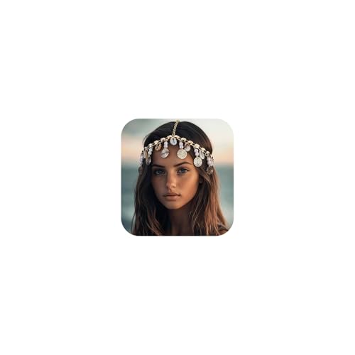 Teyglen Vintage Golden Coin Head Chain with Pearl Shell Tassel Hair Chain Boho Sequins Headpiece Wedding Head Jewelry for Women Beach Halloween Costume Accessory