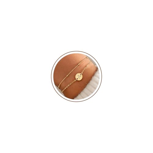 MONOZO Gold Initial Bracelets for Women Girls Jewelry Gifts Trendy - Dainty 18K Gold Plated Disc Monogram Letter A-Z Initial Bracelets for Women Girls Teens Personalized Letter Bracelet Birthday Gifts - color: Gold, style: A.