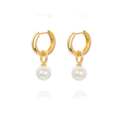 Gold Plated Huggie Hoop Earrings with Charms Fashion Pearl Drop Dangle Earrings for Women Handmade Karma Circle Jewelry for Ladies Lightweight Pearl Earrings on Christmas - color: small hoop