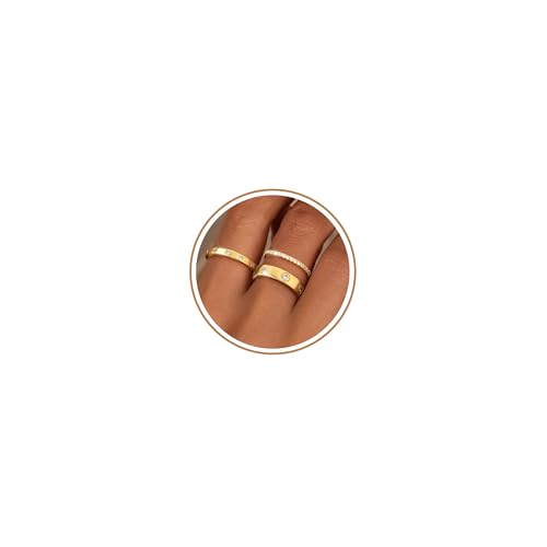 Silver Gold Rings for Women Non Tarnish 14K Gold Plated Stackable Rings for Women Stacking Thumb Pinky Eternity Cubic Zirconia Engagement Wedding Band Ring Set Woman Jewelry 1.5mm 2.5mm 5mm - color: C-Gold Love Rings
