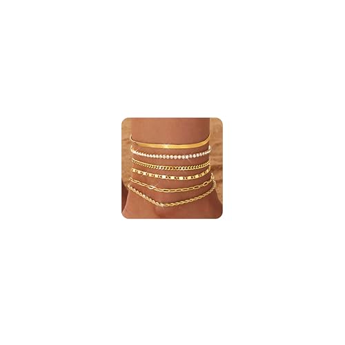 Besteel Ankle Bracelets for Women Waterproof - 14K Gold Plated Non Tarnish Layered Cuban Link Chain Rope Figaro Herringbone Anklets Set Plus Size Anklet Summer Foot Jewelry Gift Adjustable 8-12 Inch - style: 6 Pcs Gold Tennis-8.5+2.5 Inch