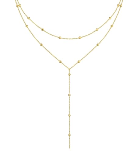 iF YOU Lariat Gold Long Necklaces for Women Trendy, Dainty 14K Gold Plated Drop Chain Necklace, Layered Rosary Beaded Y Necklaces Summer Beach Jewelry Gifts - color: Long beaded necklace-GLD