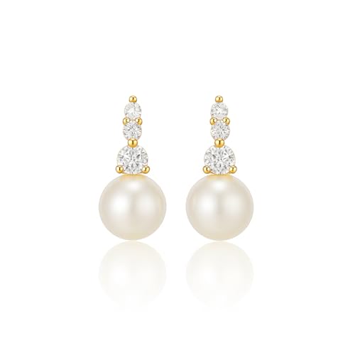 Pearl Earrings for Women, Dainty Wedding Bridal Earrings 14k Gold Plated CZ Pearl Drop Earrings for Women Trendy Hypoallergenic Unique Gold Drop Earrings Fashion Prom Jewelry - color: Gold-G