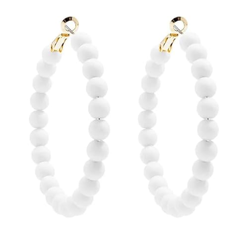 Bohemian Colorful Acrylic Resin Matte Beads Round Circle Hoop Drop Dangle Minimalist Chic Lightweight Earrings for Women Boho Geometric Beaded Statement Jewelry - color: white