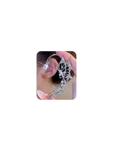 2Pcs Rhinestone Butterfly Earrings Ear Cuffs Non-Pierced Fake Earrings Butterfly Climber Wrap Around Earring Dainty Adjustable Ear Clip Jewelry for Women - color: Style3-silver