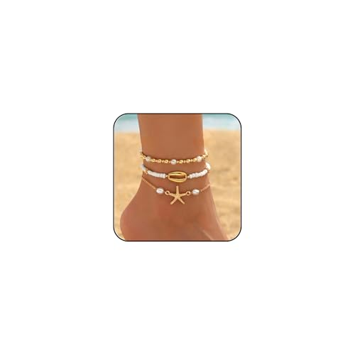 INENIMARTJ Shell Anklet Bracelet for Women Gold and White Beaded Elastic Stack Ankle Bracelet Hawaiian Beach Seashell Starfish Anklet Puka Shell Starfish Foot Jewelry for Women Beach Accessories - style: style B