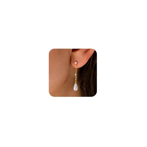 Gold Earrings for Women Trendy, Simple Dainty 14K Gold Plated Paperclip Square Chain Link Dangle Hoops Earrings Pin Stud Huggie Earrings Lightweight Hypoallergenic Minimalist Aesthetic Gold Jewelry for Christmas Gifts - color: tearldrop long pearl-gold