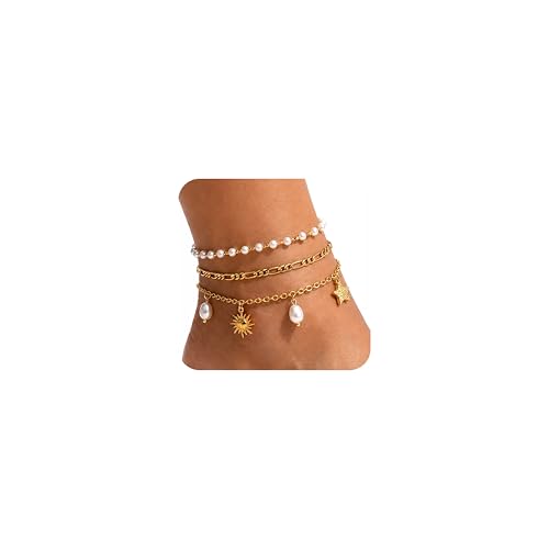 Boho Beads Beach Layered Anklet Set for Women, Handmade Gold Starfish Pearl Shell Anklets Summer Ocean Accessories Jewelry Gift - color: Sun