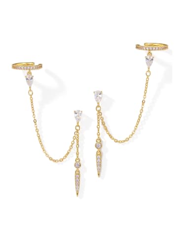 MUMREUES Gold Earrings for Women Trendy 14K Gold Plated Dangle Earrings Small Hoop Huggie Drop Stud Earrings Cubic Zirconia Simple Minimalist Dainty Chain Tassel Hypoallergenic Earrings - color: Ear Cuff & Gold