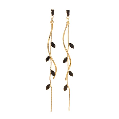 Temperament Long Zircon Tassel Earrings for Women Charm Jewelry Sparkling Crystal Leaves Twist Dangle Earrings for Friends - color: Gold-Balck Leaves