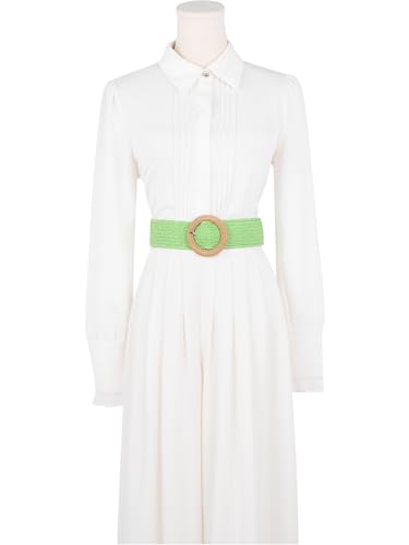 Women's Cotton and Linen Style Plastic Straw Braided Belt Circle Buckle for Dresses - color: Green