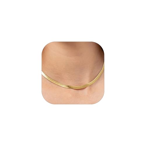 FOCALOOK 14K Gold Plated Necklaces for Women, Fashion Herringbone Choker Necklace Stainless Steel Flat Snake Chain 3/5MM(W) 12.5"/15"/18"+3.5"(L) - color: 5MM-14K Gold-15"