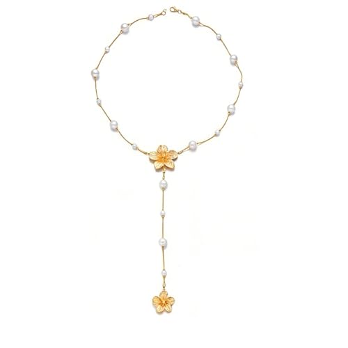 Chunky Gold Flower Necklace Boho Layered Colorful Crystal Necklace Large Floral Rhinestone Lariat Necklace Y-Shaped Long Necklace Summer Beach Fashion Jewelry Accessary for Women - color: Pearl