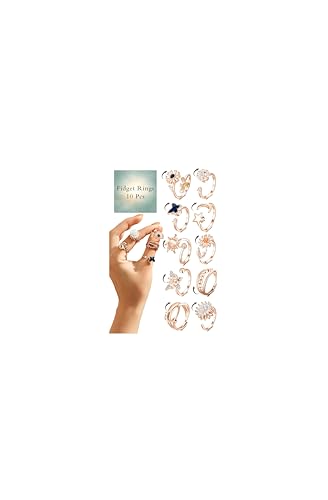 10Pcs Fidget Anxiety Rings for Women Adjustable Spinner Ring Gifts for People With Anxiety Moon Sun Butterfly Galaxy Daisy Flower CZ Stress Relief Calm Rings Jewelry 14K Gold/Silver/Rose Gold Plated - color: Rose Gold Plated
