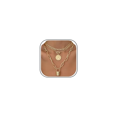 iF YOU Vintage Gold Layered Necklaces for Women Trendy, Chunky Cuban Link Paperclip Chains Necklace Stack, Coin Pendant Necklace Set Jewelry Gifts - style: 3-layer lock necklace