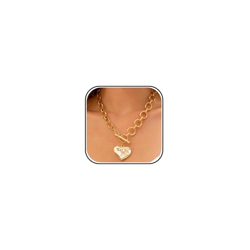Chunky Cross Necklace for Women Chunky Gold Necklace Statement Cross Pendant Vintage Toggle Clasp Necklace Jewelry for Women - color: D1-Gold Heart Necklace