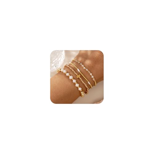 4pcs Gold Beaded Pearl Bracelets Set for Women Multi Layer Versatile Stackable Stretch Cuff Sparkly Stone Crystal Gemstone Jewelry Birthday Gifts - color: Citrine