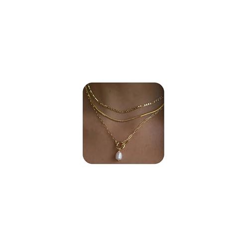 Layered Gold Necklaces for Women, Dainty 14K Gold Plated Cute Pearl Pendant Necklace Jewelry Set Stackable Toggle Chain Choker Collar, Trendy Waterproof Non Tarnish Jewelry Gift - style: Necklace 01-GD