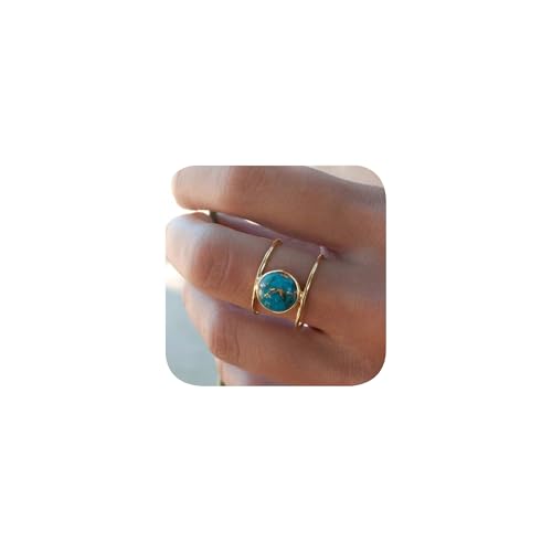 14K Gold Plated Statement Ring for Women Simulated Blue Turquoise Boho Simple Minimalist Jewelry 925 Silver Plated Gem Women's Ring Bohemian Jewelry Handmade Simple Ring G-8# - color: gold, size: 8#