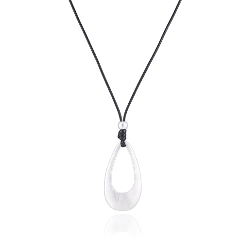 Brushed Gold Plated Classic Teardrop Pendant Long Necklace for Women, Adjustable Length Brown Wax Cord Sweater Chain Fashion Jewelry Gifts - color: Brushed Silver