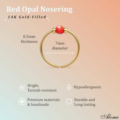 925 Sterling Silver & 14K Gold Filled Nose Ring Hoop Handmade Piercing Jewelry For Women - 24 Gauge 2mm,7mm Tiny Nose Ring with Opal - Gift Ready - color: Red Opal Gold