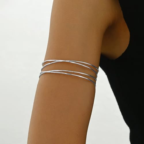 Silver Arm Cuff for Women Open Adjustable Armband Stackable Upper Arm Bracelet Bangle Minimalist Summer Beach Cuff Jewelry - color: Silver Arm Cuff CD