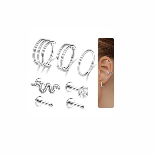 G23 Titanium 3PCS/7PCS 16G Cartilage Double-Hoop Helix Conch Piercing Jewelry With Cubic Zirconia Flat Back Stud Earrings Set For Women Men - color: B-7PCS-Silver-16G