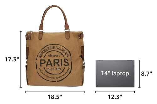 KAMEILONG Large Canvas Tote Bag for Women with Zipper Everyday Crossbody Bag Laptop Shoulder Bag Hobo Handbag - color: Khaki