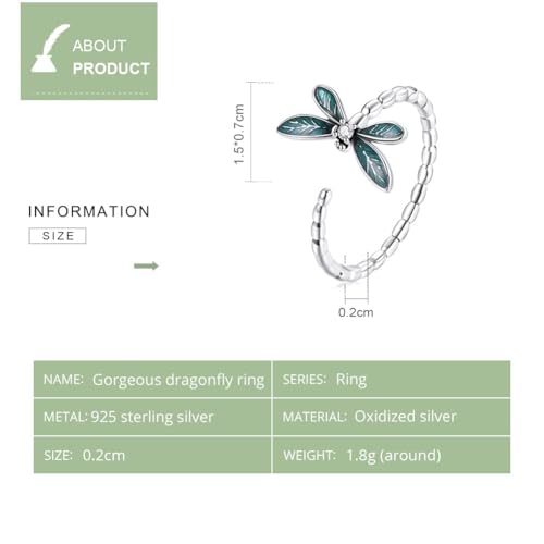 BISAER 925 Sterling Silver Ring Adjustable Cute Unique Cat Snake Butterfly Dragonfly Fashionable Ring For Women Jewelry - color: Green Dragonfly