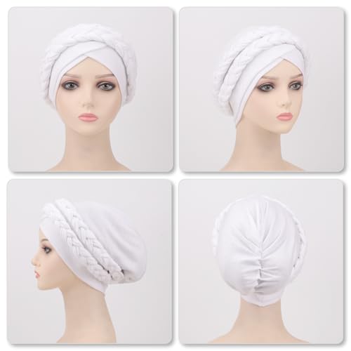 African Women Turban Caps Pre-Tied Twisted Turbans Head Scarf for Women Hair Wraps Cover Beanie Cancer Chemo Headwear - color: 1 Pack Double Twisted Braid A: White