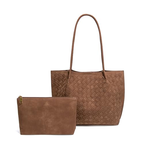Women's Luxury Handmade Woven Tote Bag, Beach Bag Set, Elegant Age Reducing Travel Commuter Bag Set - color: Frosted Material 16# Brown