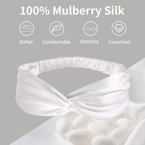 ZLYC Mulberry Silk Headband Elastic Twist Knotted Head Bands for Women's Hair, Solid White - color: Solid White