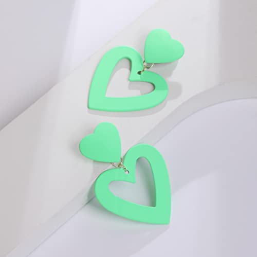 Double Heart Earrings Dangling Heart Drop Earrings For Women Love Heart Dangle Earrings Birthday Gift - color: Neon Green