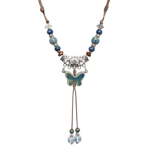 Boho Colorful Ceramic Bead Necklace for Women, Butterfly Pendant Necklace, Handmade Bohemian Statement Jewelry Gifts for Mom - color: Blue